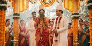 Bengali bride in a red Banarasi saree holding betel leaves during the Saat Paak ritual, standing with the groom wearing a traditional topor and dhoti, surrounded by family and marigold wedding décor.