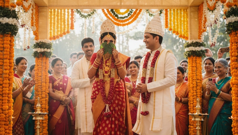 Bengali bride in a red Banarasi saree holding betel leaves during the Saat Paak ritual, standing with the groom wearing a traditional topor and dhoti, surrounded by family and marigold wedding décor.