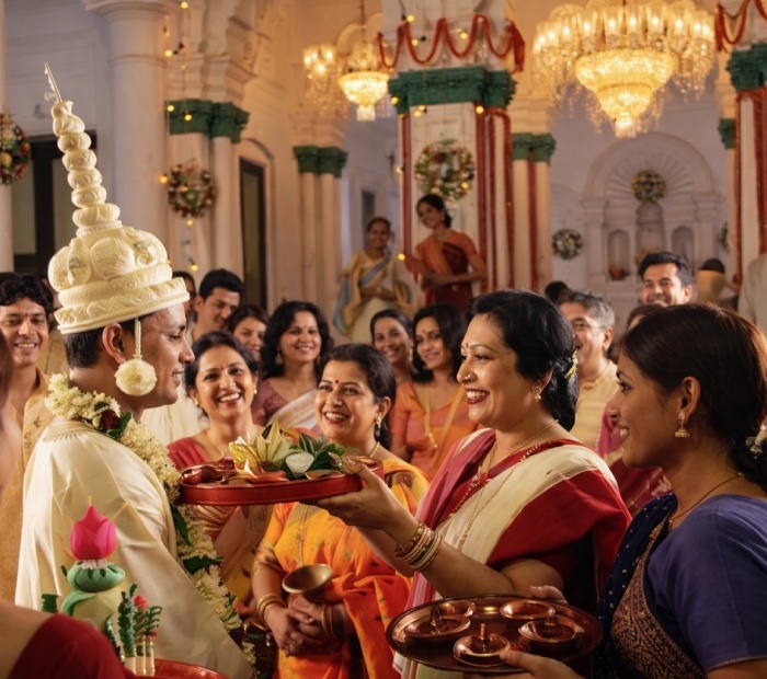 “Bengali wedding ritual with bride, groom, and family in traditional attire.”