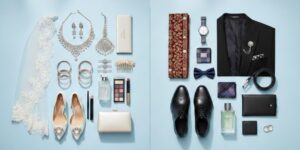Flat lay of complete wedding accessories for brides and grooms, featuring bridal jewelry, veil, heels, makeup items, clutch, and groom suit accessories, shoes, watch, wallet, cologne, and rings on a light background.