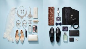 Complete Wedding Accessories List for Brides and Grooms 2026 Flat lay of complete wedding accessories for brides and grooms, featuring bridal jewelry, veil, heels, makeup items, clutch, and groom suit accessories, shoes, watch, wallet, cologne, and rings on a light background.