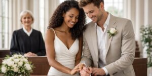 Court Marriage: A Complete Guide to Legal Weddings Around the World Diverse couple signing marriage documents in a modern courthouse, holding hands and smiling with a judge in the background.