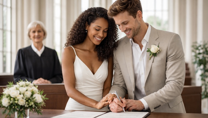 Diverse couple signing marriage documents in a modern courthouse, holding hands and smiling with a judge in the background.