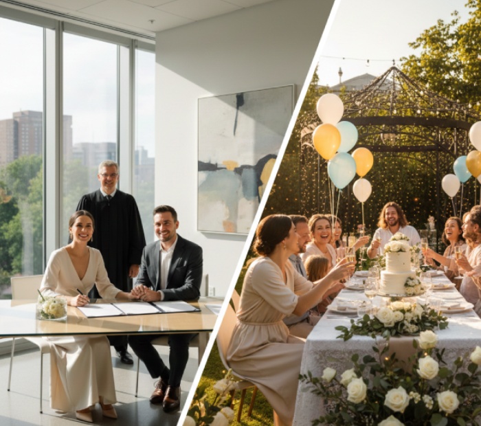 Couple signing marriage documents in a courthouse and celebrating with outdoor wedding reception.
