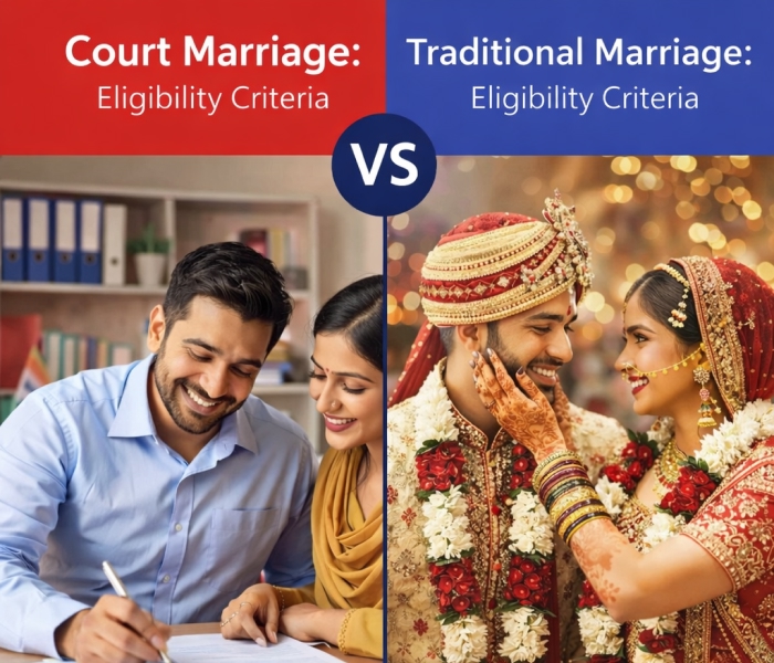 Side-by-side image showing court marriage and traditional marriage eligibility criteria