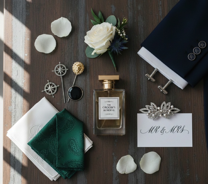 An elegant wedding flat lay on a dark wood surface featuring a perfume bottle, an emerald green pocket square, a white rose boutonnière, silver lapel pins, and a tuxedo sleeve with cufflinks.