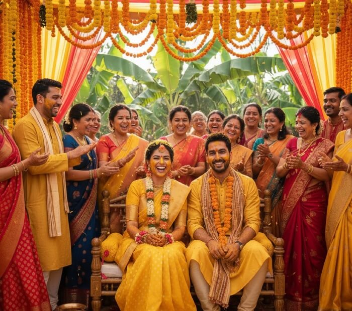 Bride and groom celebrating Gaye Holud ceremony with family in yellow attire.
