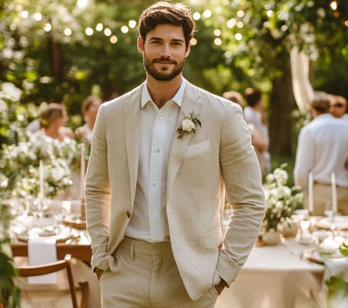 Groom wearing a beige suit with white shirt and boutonniere at an outdoor garden wedding reception.