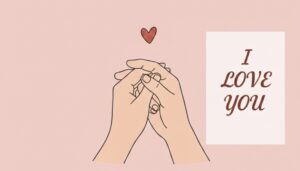 How to Respond to “I Love You”: 110 Romantic Reply Ideas Minimalist illustration of two hands gently holding each other with a small heart above them, soft pink background, and the words “I love you” written on the side—symbolizing love, affection, and romantic connection.