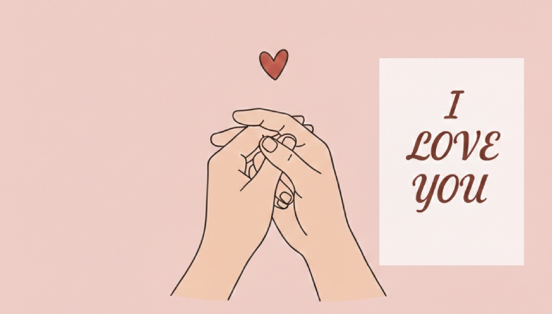 Minimalist illustration of two hands gently holding each other with a small heart above them, soft pink background, and the words “I love you” written on the side—symbolizing love, affection, and romantic connection.