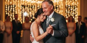 Father and daughter sharing an emotional wedding dance under warm fairy lights.