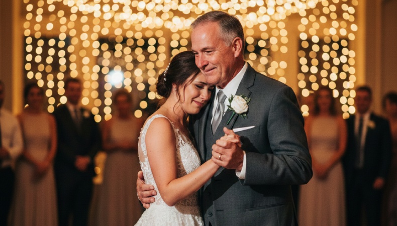 Father and daughter sharing an emotional wedding dance under warm fairy lights.