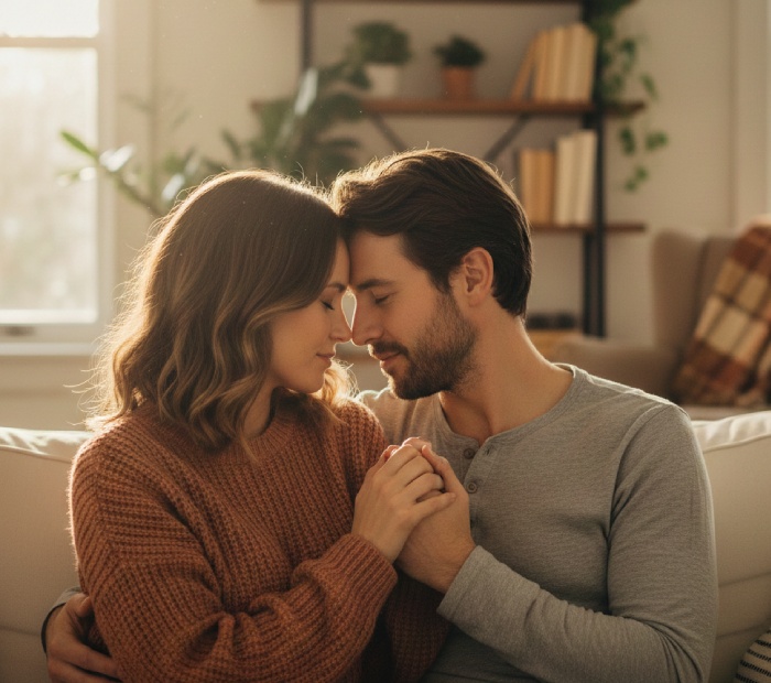 Couple sitting close on a sofa, holding hands and touching foreheads, expressing calm affection and emotional intimacy in a warm, cozy home setting.