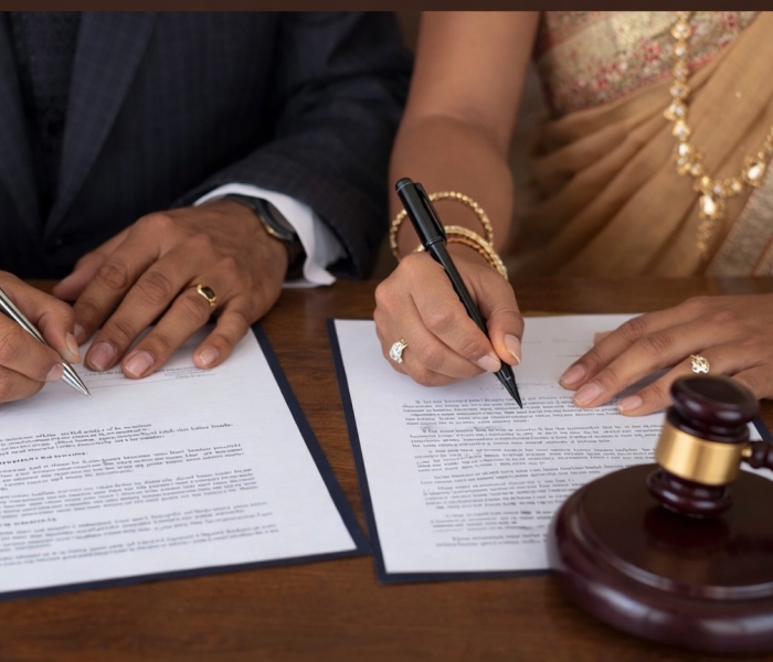 bride and groom completing court marriage paperwork in government office