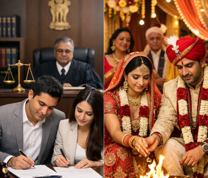 Side-by-side comparison of a couple signing court marriage papers and a traditional Indian wedding ceremony.