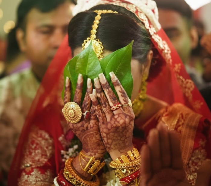 Bride covering her face with betel leaves during a traditional Bengali wedding ceremony, wearing red and gold attire with henna-decorated hands and gold jewelry.