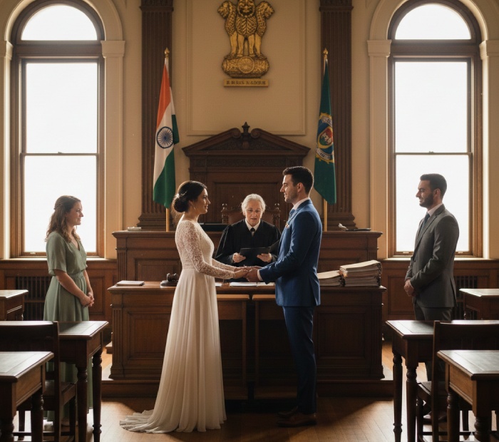 Couple exchanging vows in a traditional courthouse wedding ceremony, standing before a judge with witnesses, Indian flag and emblem visible in the background.