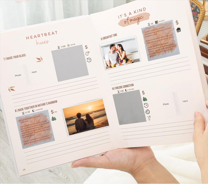 Open date book for couples with planned romantic activities, photos, and notes, presented as a thoughtful and creative Valentine’s Day gift idea.