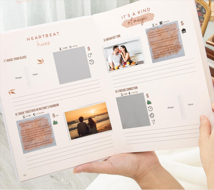 Open date book for couples with planned romantic activities, photos, and notes, presented as a thoughtful and creative Valentine’s Day gift idea.