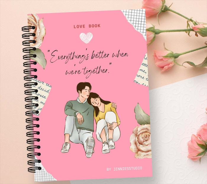 Romantic Valentine’s gift-themed blog cover featuring a pink love notebook with a couple illustration, roses, and the quote “Everything’s better when we’re together.”