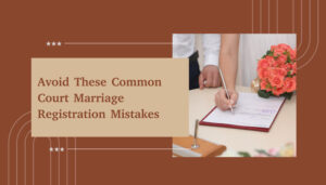 Bride signing court marriage registration document with bouquet, blog cover titled Avoid These Common Court Marriage Registration Mistakes.