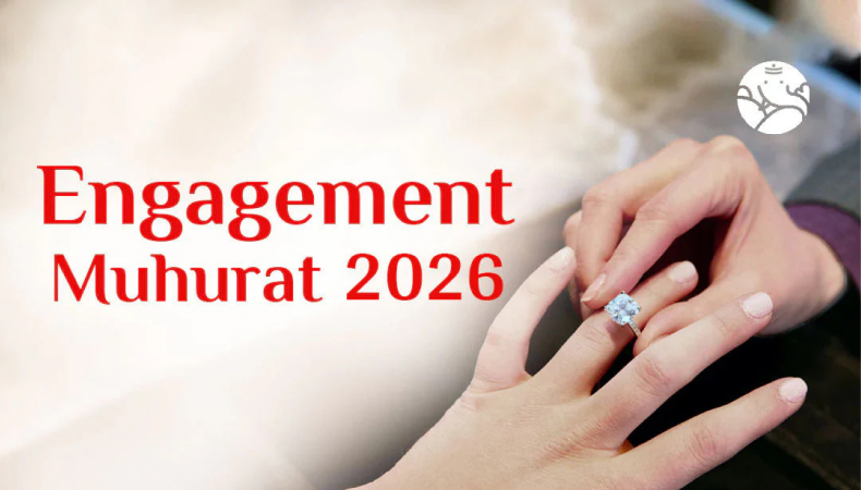 Engagement Muhurat 2026 banner with close-up of a couple exchanging a diamond ring.