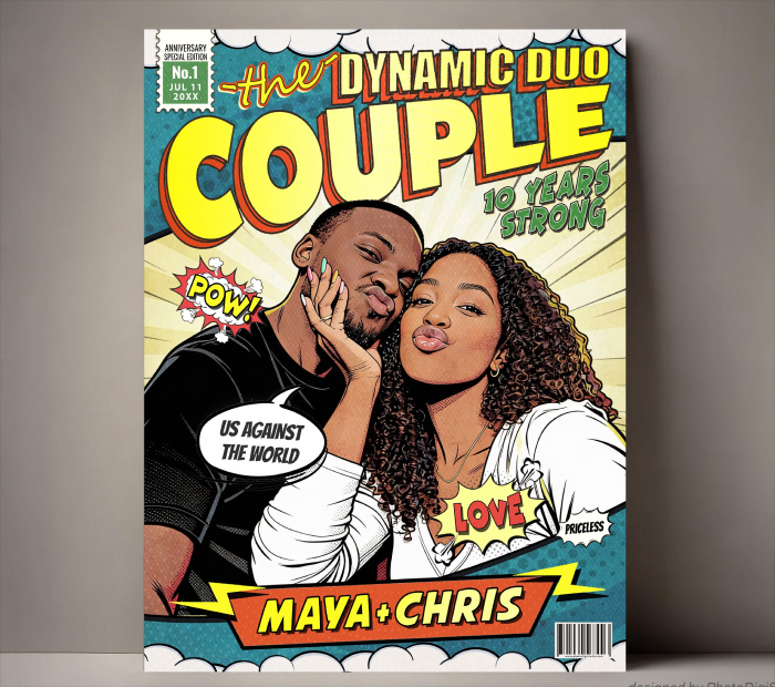 Comic-style illustrated couple portrait with bold pop-art text celebrating a dynamic duo, featuring a loving couple posing together in a colorful Valentine’s Day–themed poster design.