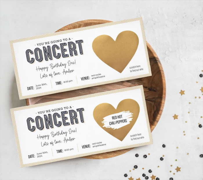 Scratch-off concert ticket gift with heart design, revealing a surprise band, shown as a creative and unique Valentine’s Day gift idea.