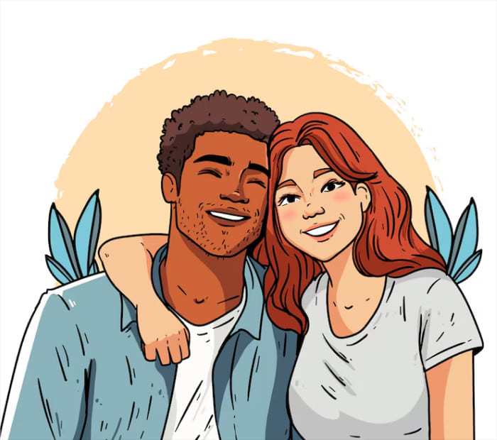Cute illustration of a smiling couple hugging, with the woman resting her arm on the man’s shoulder on a simple pastel background.