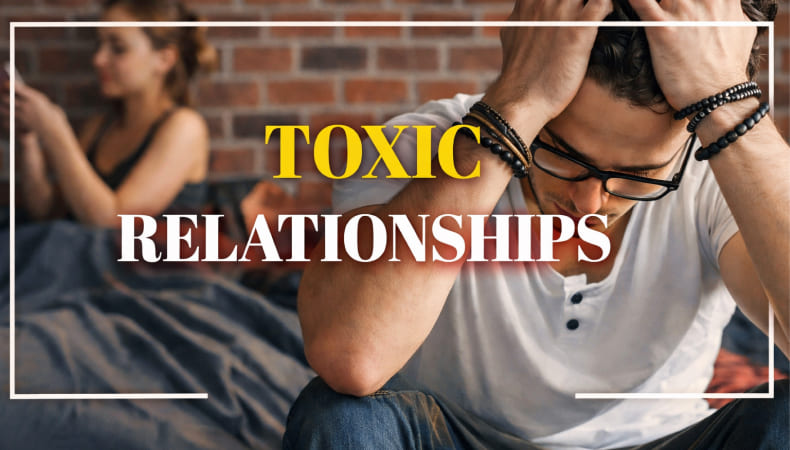 Colorful blog cover showing a stressed man holding his head in the foreground while a woman sits blurred in the background, with the text “TOXIC RELATIONSHIPS.