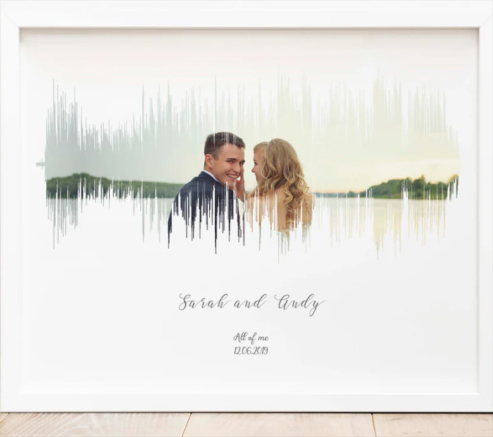 Framed personalized soundwave art featuring a couple’s photo in the center with an audio waveform overlay and custom names and date below.
