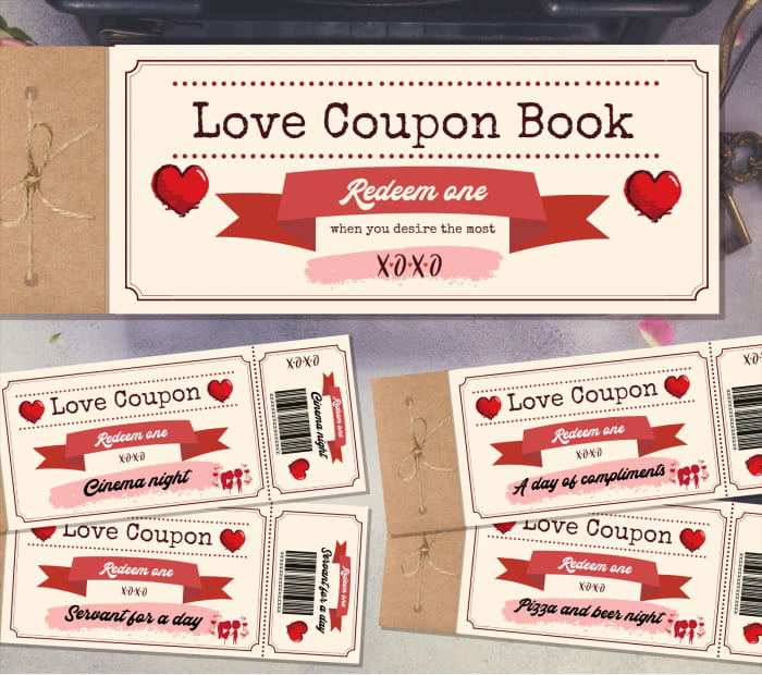 Love Coupon Book: Romantic "Love Coupon Book" with redeemable vouchers.