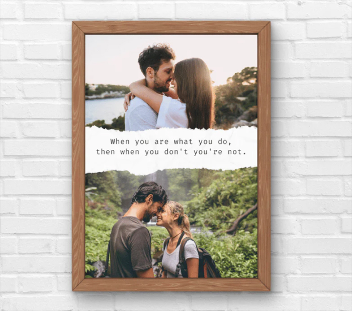 “Framed romantic couple photo print with heartfelt quote displayed on wall.”