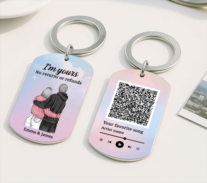 “Personalized couple keychains with custom illustration and QR code music design.”