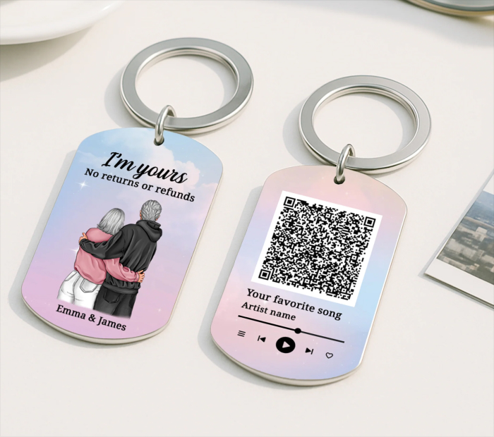“Personalized couple keychains with custom illustration and QR code music design.”