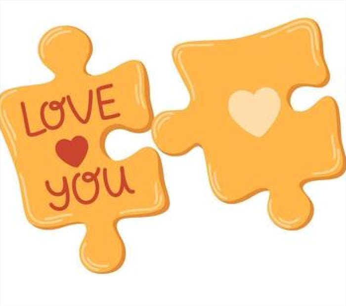 Cute illustration of two connected puzzle pieces with “Love You” text and a heart, symbolizing a romantic bond.