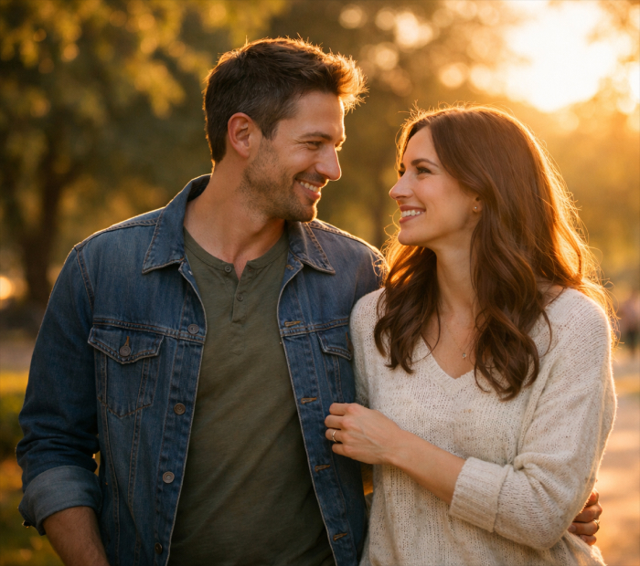 Couple walking in a park at golden hour, smiling and making eye contact, showing relationship growth and shared goals.