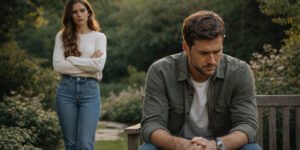 A stressed man sits on a wooden garden bench with hands clasped, while a woman stands behind him with arms crossed, both looking tense in warm natural light.