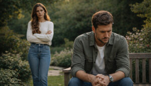 Relationship Problems and Solutions: A Complete Guide for Couples A stressed man sits on a wooden garden bench with hands clasped, while a woman stands behind him with arms crossed, both looking tense in warm natural light.
