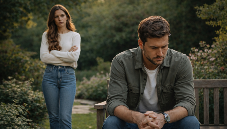 A stressed man sits on a wooden garden bench with hands clasped, while a woman stands behind him with arms crossed, both looking tense in warm natural light.