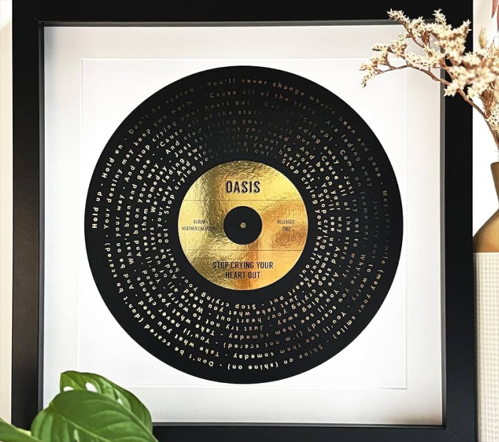 Framed vinyl record–style wall art featuring an Oasis song design with gold center label, displayed on a shelf with decorative plants.