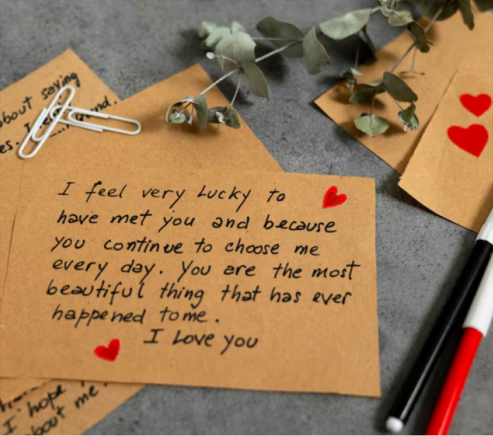 Love Letter: Handwritten romantic note on brown kraft paper.