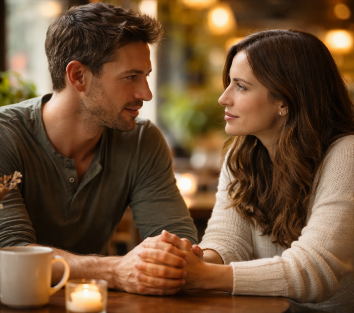 Couple in a cozy café holding hands and talking calmly, showing relationship healing and mutual respect.