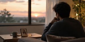 Man missing his wife while looking out the window at sunset.
