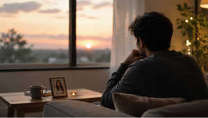 Man missing his wife while looking out the window at sunset.