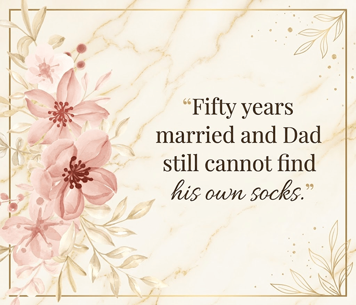 Fifty years married and Dad still cannot find his own socks - Happy Wedding App Decorative anniversary card with pink flowers and a humorous quote about fifty years of marriage.