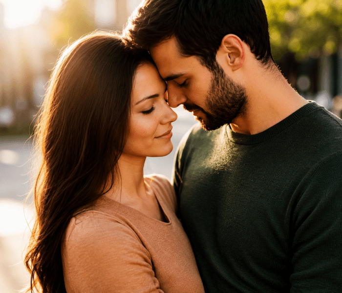 Connection Feels Mutual - Happy Wedding App Couple sharing an intimate moment, touching foreheads in warm sunlight.