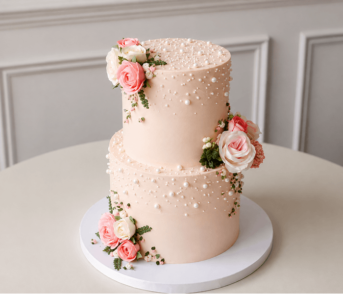 Fresh Rose and Pearl Wedding Cake - Happy Wedding App Fresh Rose and Pearl Wedding Cake