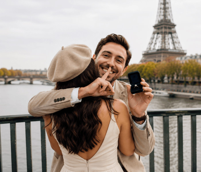 Plan a Surprise Proposal Photoshoot - Happy Wedding App A romantic rooftop proposal overlooking the Eiffel Tower, surrounded by roses and candles.