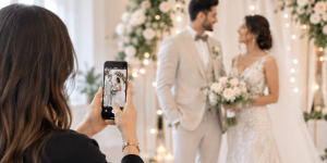 Woman taking a photo of a bride and groom at their wedding under a floral arch.
